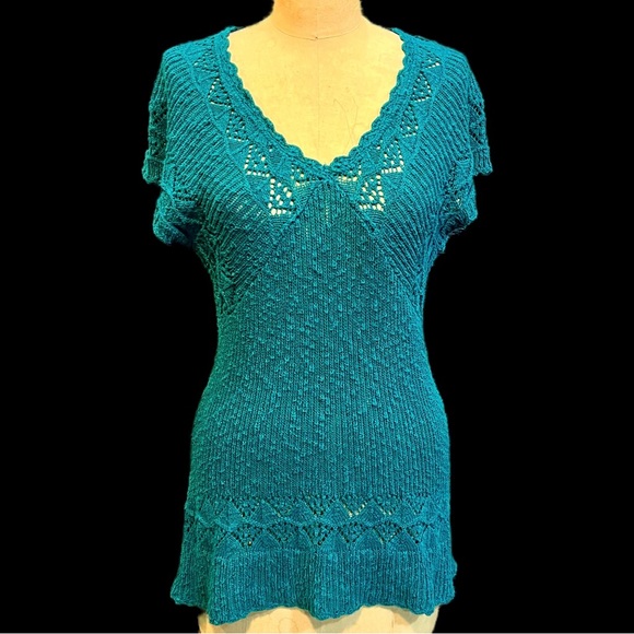 Jade teal open crochet knit sweater form fitted short sleeve tunic long length‎ - Picture 3 of 17